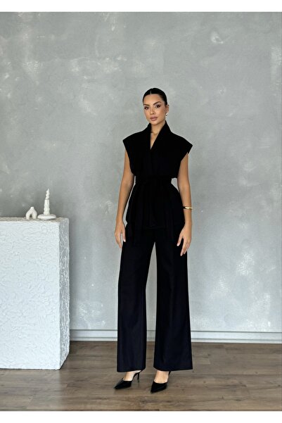 Nesil Windbreaker Detailed Belted Sleeveless Women's Stylish Classic Daily Engagement Wedding Pants Vest Set