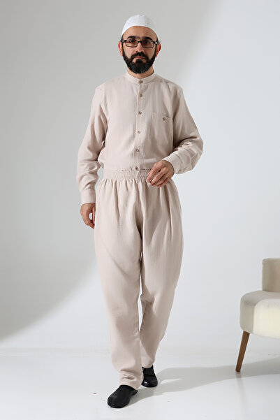 ihvan online Men's Elastic Waist Pocket Hajj Umrah Muslin Pants - Beige (Ans)