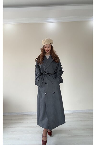 Butik Gri Çizgili Trençkot