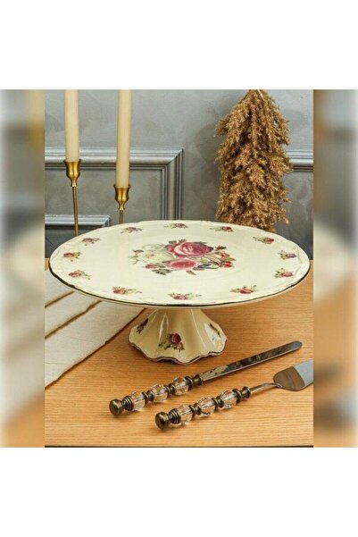 ROY KING Porcelain Pedestal Cake Stand Cream Gold Round Rose Pattern Rose 36X13Cm