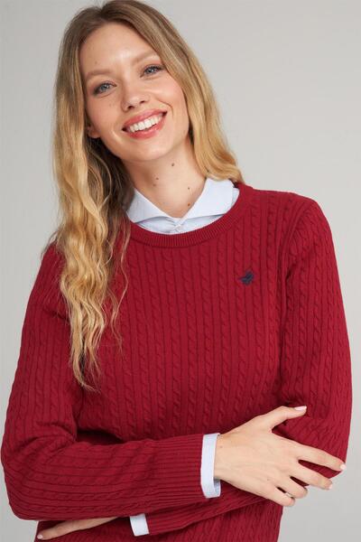 Çetinkaya Chester Polo 5249 Kadın Bisiklet Yaka Akrilik Saç Örgü Triko Kazak Bordo