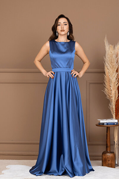 BEYBOS Σατέν Μακρύ Βραδινό Φόρεμα με Μηδενικά Μανίκια - ΜΠΛΕ ΙΝΔΙΓΚΟ