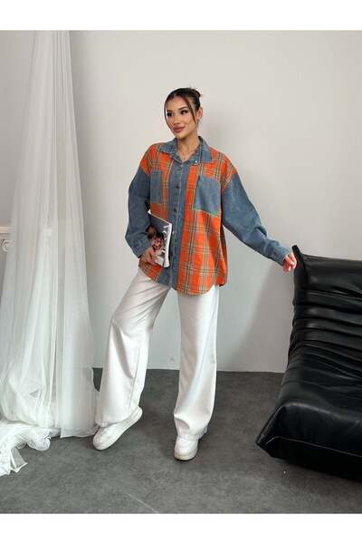 Hatun Atila Denim Detailed Plaid Shirt 8619 - Orange