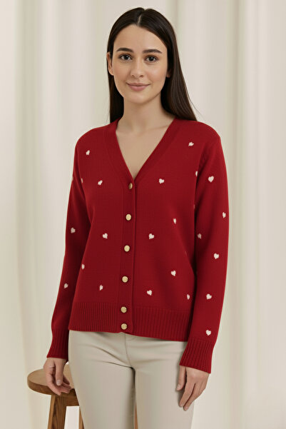 hayal giyim Heart Embroidered Buttoned V-Neck Knit Cardigan - Burgundy