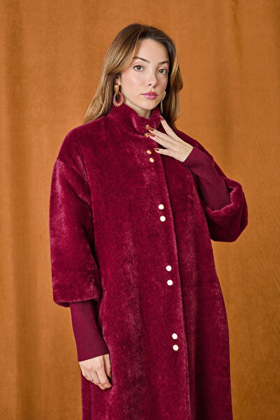 Lale Butik Angora Coat with Snap Detail 15230 Claret Red