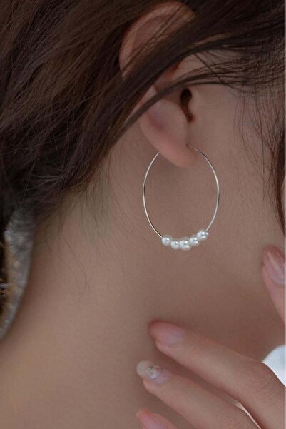 TAKIŞTIR Silver Color Pearl Detailed Hoop Earrings (Pair)