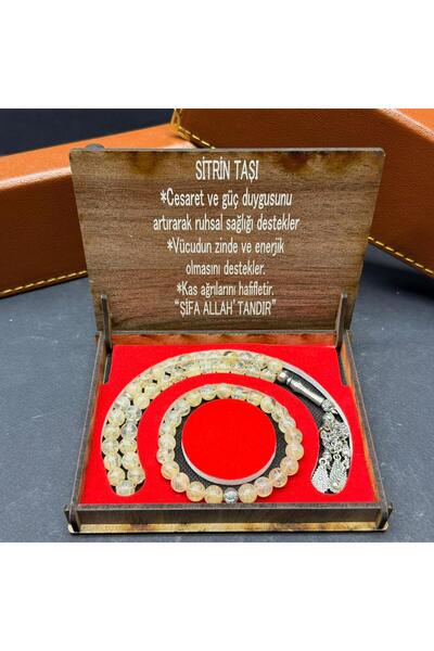 VURAL BİJUTERİ Özel Ahşap Kutulu Sitrin Taşı Tesbih-Bileklik Set – Küre Kesim