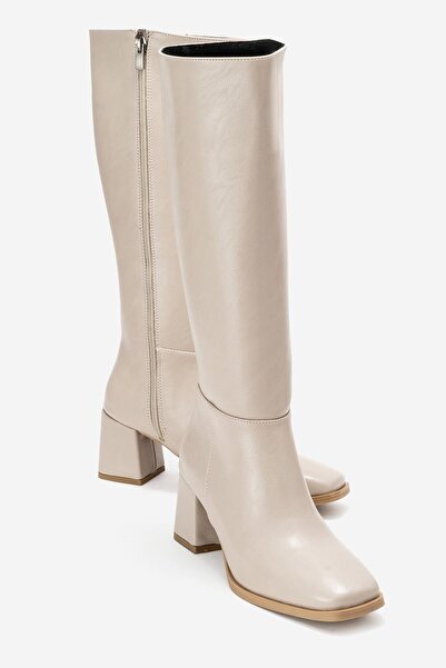 CCWAY AYAKKABI Jednostavne ženske čizme sa tupim vrhom i petom BEŽ KOŽA