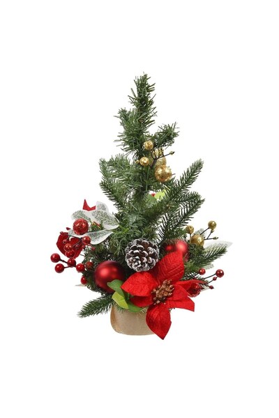 SHOPIENS Artificial Christmas Tree Decorative Table Model with Red Baubles and Brown Cones, 40 cm