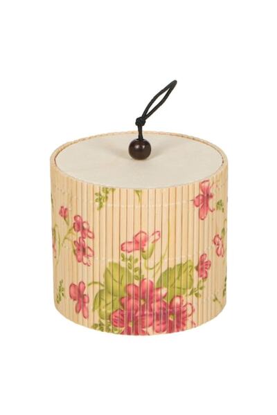SHOPIENS Bamboo Storage Box, Floral Pattern, Lid and Handle, Beige, 8x7 cm