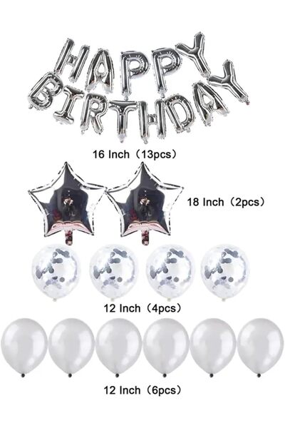 neslin 25-Piece Metallic 3D Birthday Balloon Banner Set - "Happy Birthday" Foil Balloons, Silver