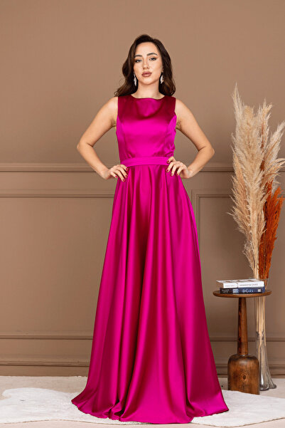 BEYBOS Rochie de seară din țesătură satinată cu mâneci zero - FUCHIA
