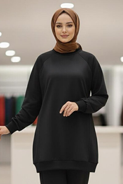 Tesettür Diyarı Scuba Kumaş Ribana Manşet Balon Kol Tesettür Tunik- Siyah