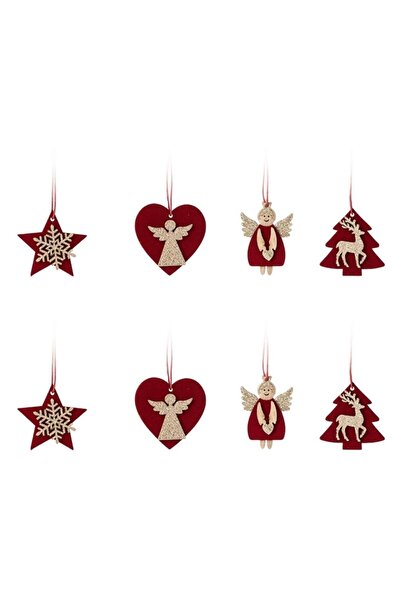 SHOPIENS Velvet Wooden Christmas Ornaments, 4 Models, Burgundy with Gold Glitter, 4-5 cm, Set of 8