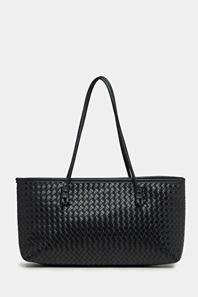 GALB Black Women's Knitted Pattern Pu Leather Hand and Shoulder Bag – Elegant Wide Form