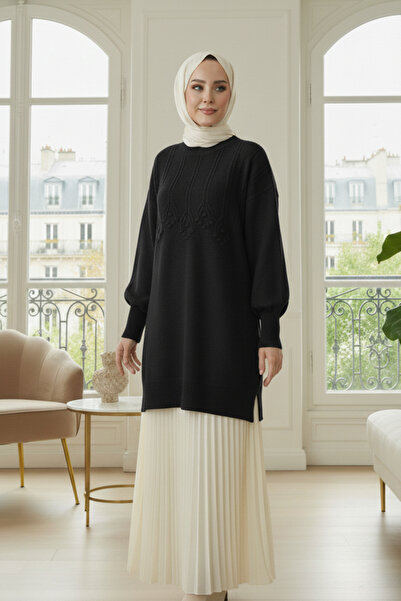 FERHEL Pulover tunica cu gât rotund, cu dungi și detalii în relief