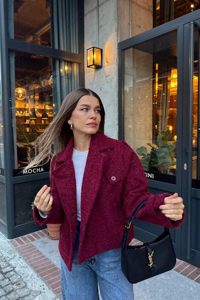 Sue Store Burgundy Epaulet Pocket Detail Lined Wool Coat