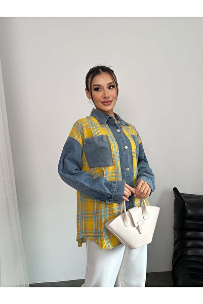 Hatun Atila Kot Detaylı Ekoseli Gömlek 8619 - Sarı