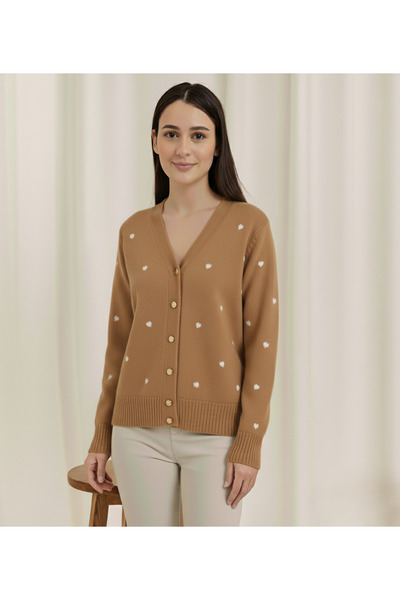 hayal giyim Heart Embroidered Buttoned V-Neck Knitwear Cardigan -Mink