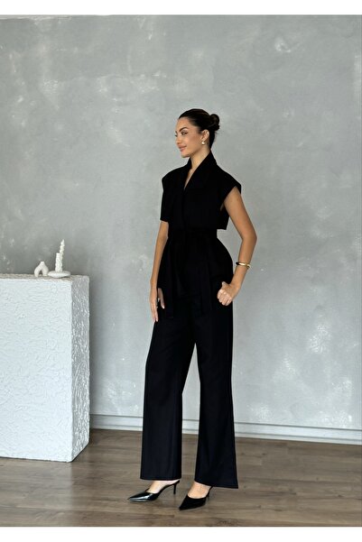 Nesil Windbreaker Detailed Belted Sleeveless Women's Stylish Classic Daily Engagement Wedding Pants Vest Set