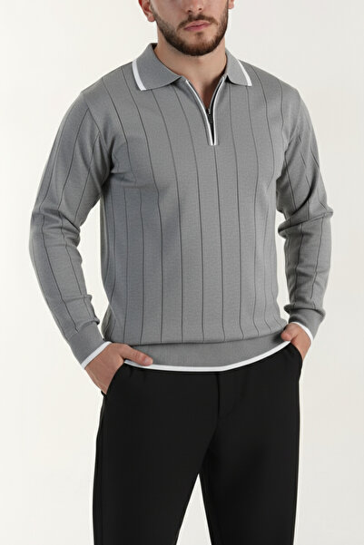 MENOFOURSWEAR Old Money High Quality Long Sleeve Polo Neck Men's Knitwear Sweater Gray