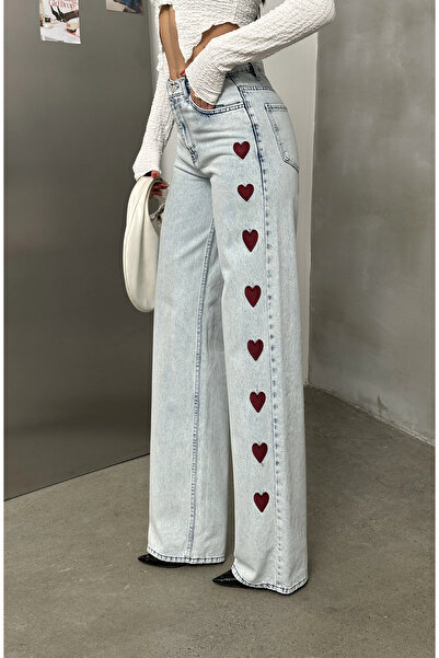 asfamoda Kadın Açık Mavi Kalp İşlemeli Yıkamalı Baggy Geniş Paça Yüksek Bel O...