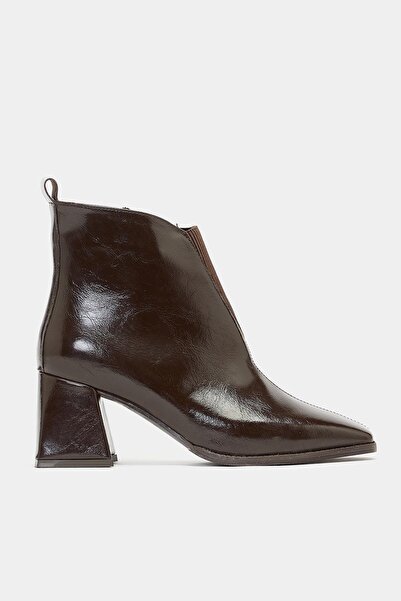 Madamra Brown Patent Leather Women's Patent Leather Blunt Toe Heeled Short Boots – Shiny Leather Modern Form