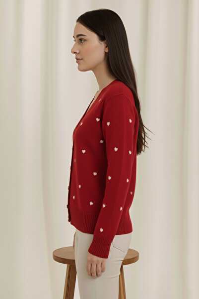 hayal giyim Heart Embroidered Buttoned V-Neck Knit Cardigan - Burgundy