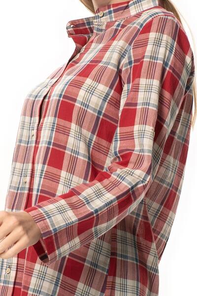 Eliş Şile Bezi Women's Şile Cloth High Neck Summer Tunic Red Navy Blue Plaid 3057