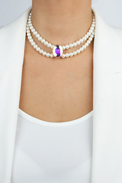 Liveyn Design Double Row Crystal Stone Glass Pearl Women's Necklace