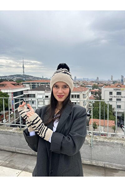 Mollycrush Women's Cream Pom-Pom Beanie and Glove Set – Zebra Pattern, Modern & Stylish Style for Cold Weather
