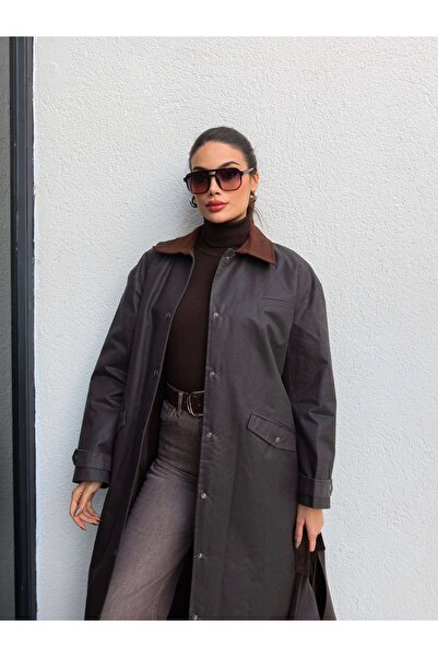 ESRAHELVACI Kadife Yaka Çıtçıtlı Trench