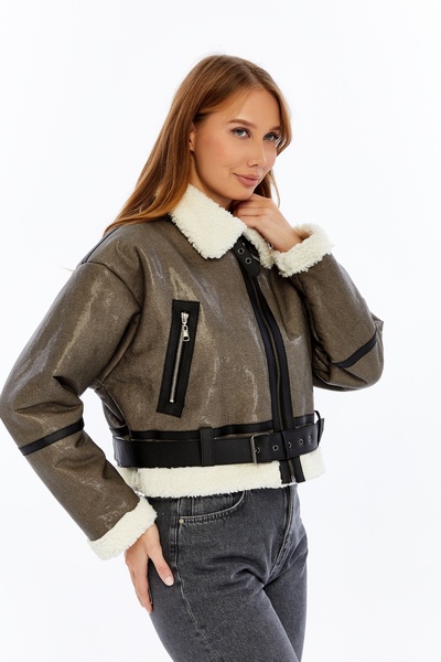 CHOS7N Palton scurt gri cu cataramă din shearling pentru femei