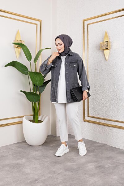 Hb Harma Time Butik Women's Pocket Detailed Denim Black Denim Jacket