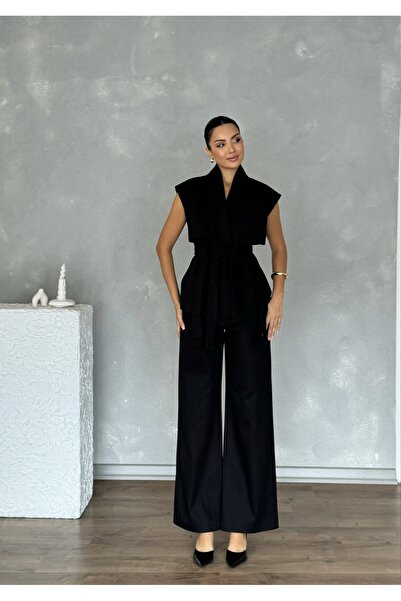 Nesil Windbreaker Detailed Belted Sleeveless Women's Stylish Classic Daily Engagement Wedding Pants Vest Set