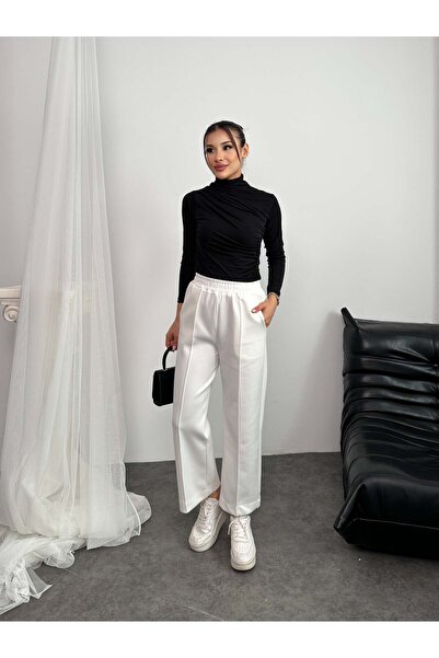 Hatun Atila Elastic Waist Scuba Fabric Trousers 8935 - White