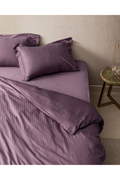Madame Coco Elicia King Size %100 Pamuk Çizgili Saten Nevresim Takımı - Mürdüm