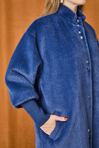 Lale Butik Angora Coat with Snap Detail 15230 Navy Blue