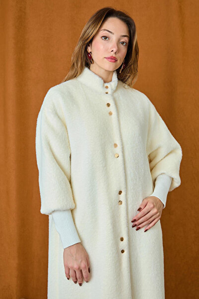 Lale Butik Angora Coat with Snap Detail 15230 Ecru