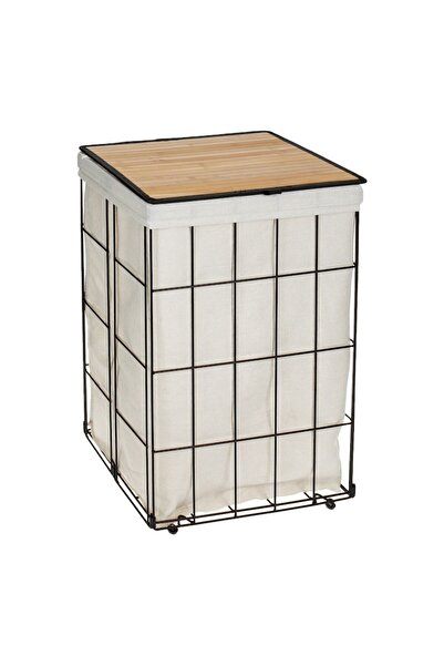 SHOPIENS Laundry Basket, Metal Model with Bamboo Lid, Beige, 40x30x60cm, 72L