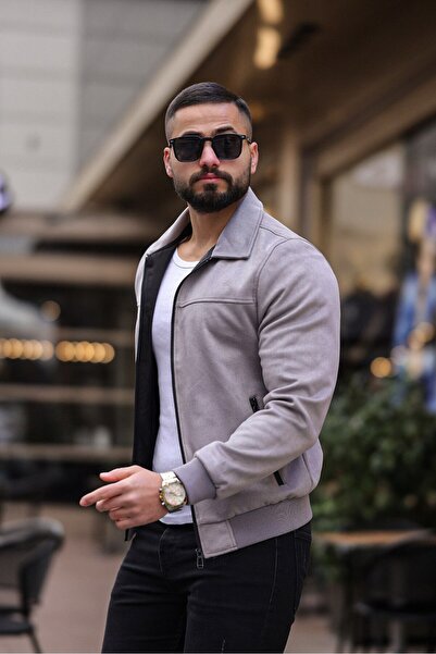 LUMAST سترة موسمية من الجلد السويدي بتصميم أنيق أساسي مع أشرطة مضلعة