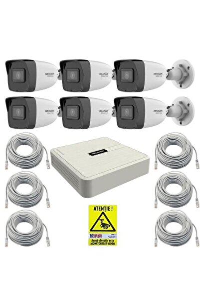 hiwatch Sistem de supraveghere IP, 6 camere de 4MP, PoE, IR 30m, NVR PoE cu 8 canale, accesorii de montare