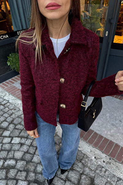 Sue Store Μάλλινο μπουφάν με υφή με αστραγάλο και κουμπιά σε μπορντό χρώμα