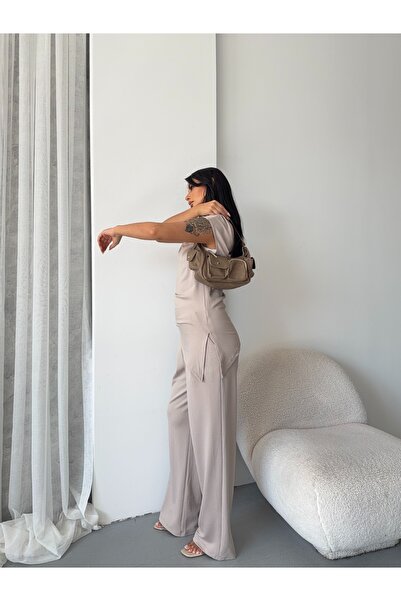 CARLA MARA Asymmetrical Blouse and Pantalon Set Beige