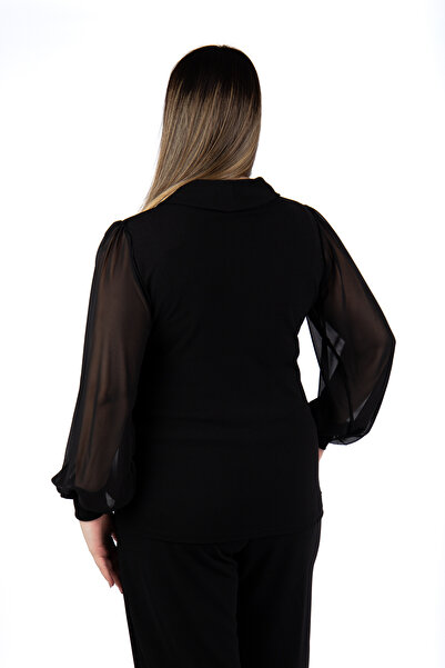 MEDOL GİYİM Kadın Büyük Beden Kruvaze Yaka Şifon Kol Bel Düğme Detaylı Bluz Esnek Pantolon Abiye Takım 2508