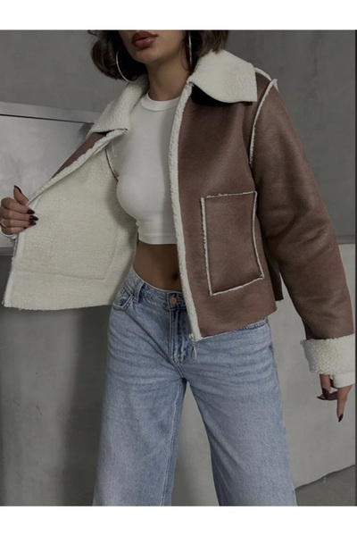 AsiaLife معطف من جلد الغزال مع فرو من الداخل (لون بني)