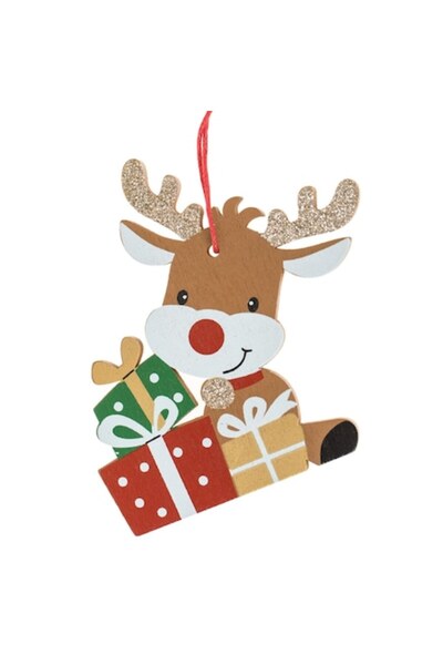 ANTBRO Ornament de Crăciun pentru brad - Ren din lemn cu sclipici, bej șampanie, 10 cm
