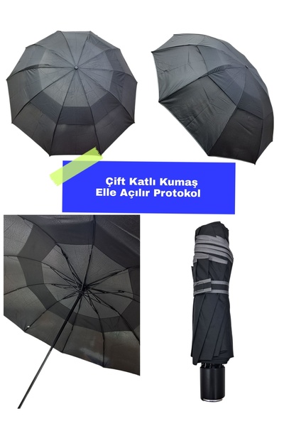 Rainwalker Siyah Çift Katlı Protokol Manuel Elle Açmalı Güçlü Mekanizmalı Unisex