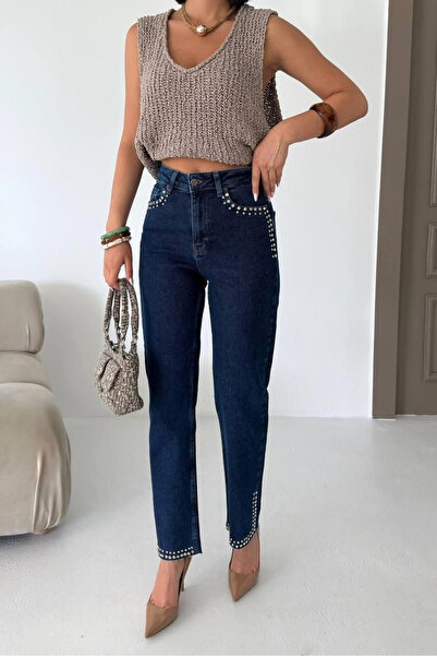 İNCİMOD Cebi ve Paçası Taşlı Kot Pantolon