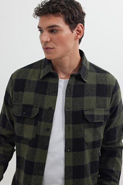 Tudors Cămașă pentru bărbați, slim fit, cu mânecă lungă, cu buzunare duble, în carouri, pentru iarnă